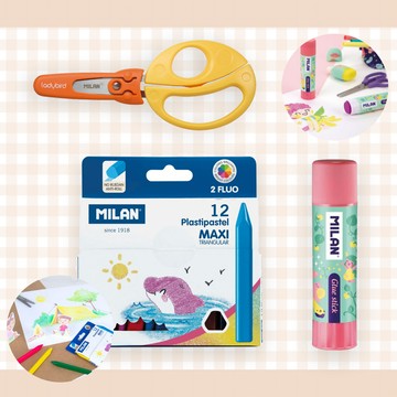 MILAN - 學童美勞用品組-口袋型無毒粗款蠟筆(12色)+小瓢蟲學童安全可攜式剪刀(含刀柄套)+兒童專用變色口...
