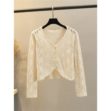 鏤空新款配吊帶裙開衫春秋外搭針織衫女短款披肩修身百搭外套罩衫
