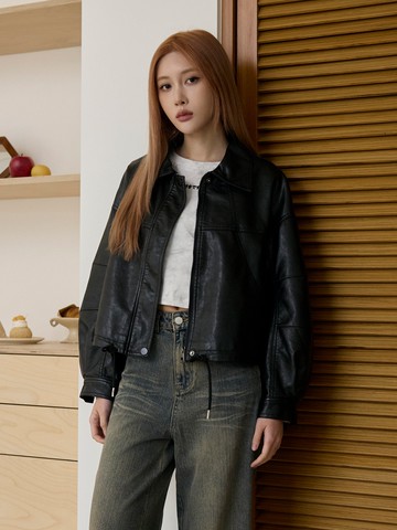 翻領下擺抽繩皮革外套