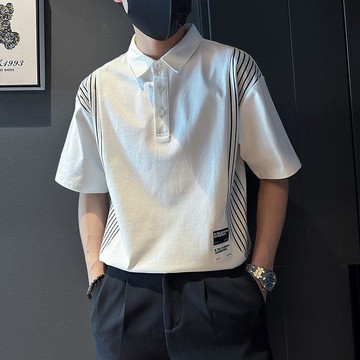 夏季男士POLO衫短袖 涼感 排汗 保羅衫 25夏季新款條紋拼接POLO衫男款短袖潮牌設計感上衣翻領T恤男裝0727
