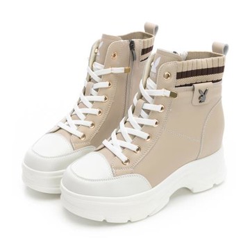 【PLAYBOY】都會輕熟真皮內增高襪靴-PY1667杏