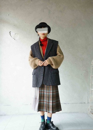 Restyle改造古著-古著改製格紋毛料百摺一片裙長裙