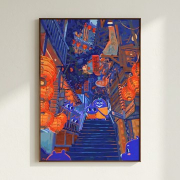 Nuomi 諾米 | 九份-台灣街景插畫 - 柚木色鋁框-大尺寸：60 x 85 cm