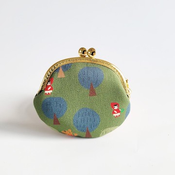 防潑水小蛋零錢包 鑰匙圈 印花布包-草綠色漂亮園林 小紅帽