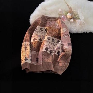 日系復古毛衣冬季寬松外穿上衣潮牌慵懶風圓領套頭針織衫聖誕毛衣鑫弘-素時衣櫥