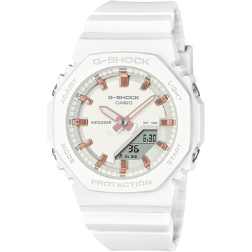 CASIO G-SHOCK 優雅玫瑰金時標 八角雙顯手錶-百搭白 GMA-P2100M-7A