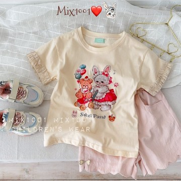 🌈✨mix1001 絨毛小兔小熊🐻印圖上衣✨兒童花邊袖上衣 5-19