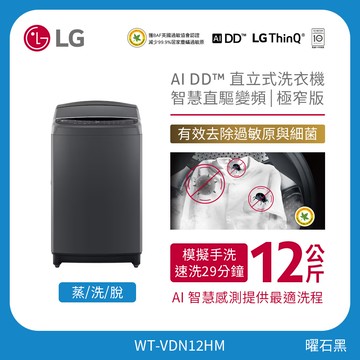 12公斤直立式洗衣機｜曜石黑｜AI DD™智慧直驅變頻｜極窄版 WT-VDN12HM