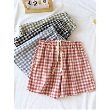 日系夏季新品純棉女士睡褲短褲薄款可外穿寬松夏天格子全棉家居褲