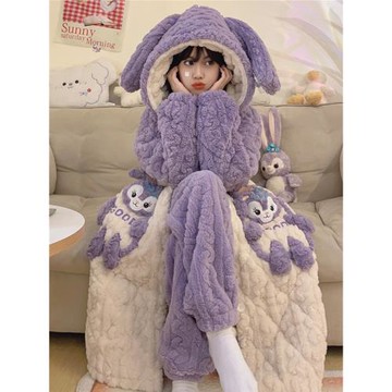 卡通睡袍加絨加厚冬季2023年新款三層夾棉珊瑚絨睡衣女家居服套裝