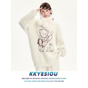 KKyesiou美式復古小熊圍脖設計感針織衫男女氛圍感學院風情侶毛衣