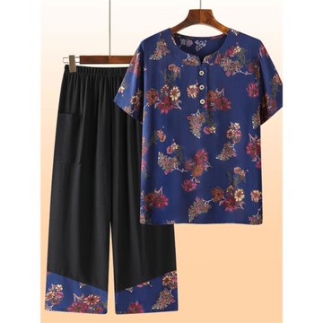 棉綢套裝老年人女款2024夏季新款奶奶套頭短袖媽媽裝人造棉兩件套