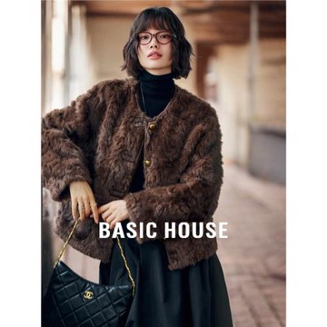 Basic House/百家好氣質小香風咖色毛毛外套女秋冬短款仿皮草大衣