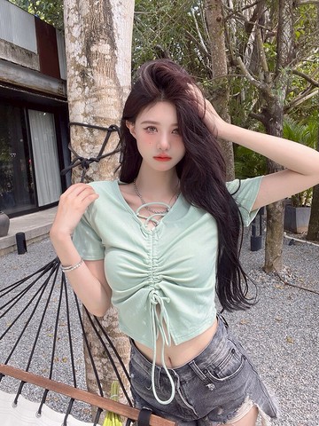 純欲風性感高腰短款露臍上衣設計感小眾甜辣抽繩V領短袖t恤女夏季