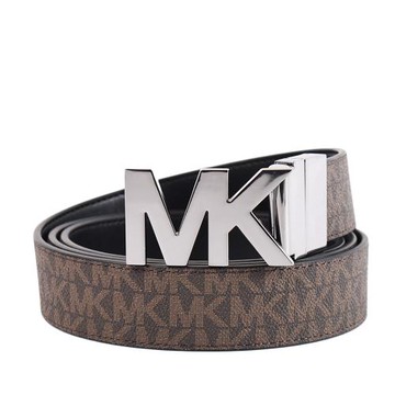 MICHAEL KORS 男款 銀字MK緹花LOGO防刮雙面用窄版皮帶-咖啡色/黑