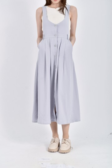 (M) 0918質感吊帶寬肩帶收腰藍色長裙