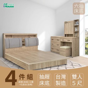 【IHouse】特洛伊 收納臥室4件組(床箱+收納抽屜底+斗櫃+化妝台含椅) 雙人5尺