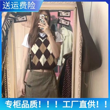 BrandyMelody BM美式復古學院風菱形格子撞色針織馬甲背心馬夾女