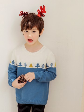 純棉小樹拼接色毛衣