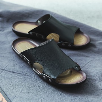 拖鞋男夏季韓版一字拖男室外涼拖沙灘拖真皮潮拖外穿半拖男士拖鞋