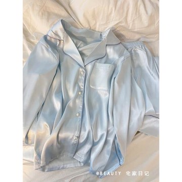 法式高級感冰絲睡衣女春秋季新款緞面開衫長袖長褲家居服套裝大碼