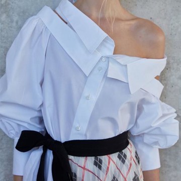 ALEI春季新品時髦博主風小眾設計雙層領露肩寬松休閑長袖襯衫襯衣