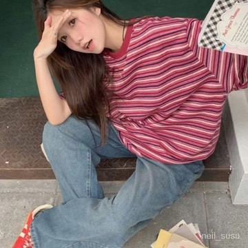 P3-【限時特賣】 短袖上衣 短袖T恤 女生短袖 上衣女 100%棉美式復古紅色條紋撞色短袖女T恤圓領寬鬆慵懶風半袖上衣