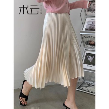 18531 珠光百褶裙半身裙秋冬女中長款高腰夏小個子a字緞面大擺裙