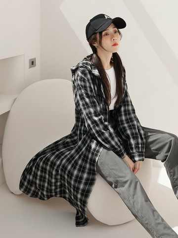 棉質格紋抽繩連帽長版外套