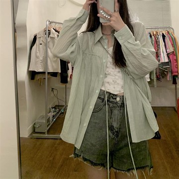 防曬衣服女新款2022百搭王純色簡約碎褶設計感寬松長袖襯衫學院風