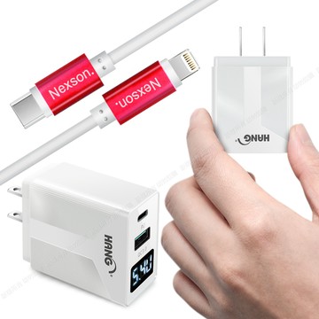 HANG PD30W急快速充電線150cm紅+液晶顯示20W PD(Type-C)+QC快速充電器白