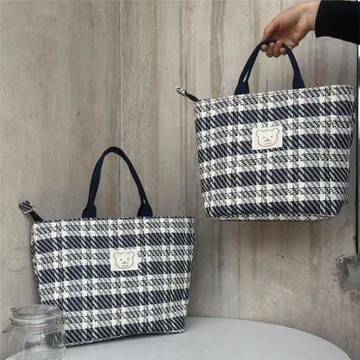 2025ins托特電腦包 春夏新款格子條紋加大容量清新拉鏈手提帆布包