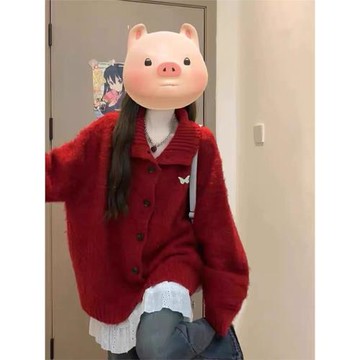 美式休閑高領紅色毛衣設計感翻領開衫簡約風寬松針織衫上衣外套秋