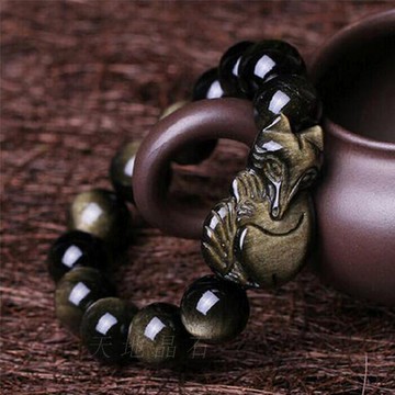 開光 天然金曜石狐貍手鏈 金曜石狐仙手鏈 金曜石靈狐手鏈