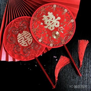 💯可開發票#中式新娘結婚團扇中國風伴娘刺繡花喜扇婚慶複古風旂袍圓形扇子女
