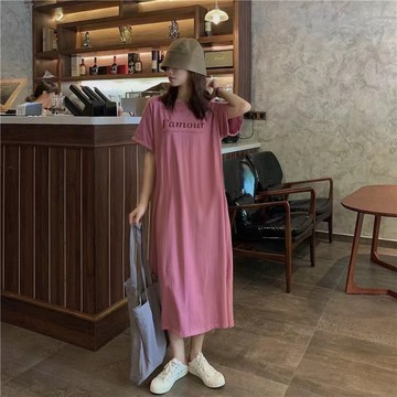 韓版 大尺碼T恤裙 寬鬆連衣裙 孕婦休閒短袖連衣裙 休閒家居服連衣裙 長裙 圓領連衣裙 通勤 女裝 孕婦洋裝