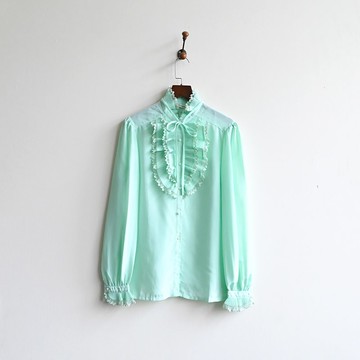 【蛋植物古著】薄荷微風紗質蕾絲日本製古著襯衫