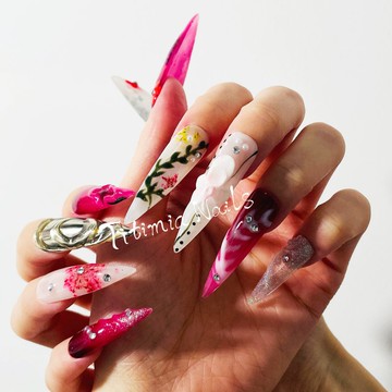 ins爆款優雅乾花 3D雕花藝術設計加長尖形 按壓式假指甲 前衛鍍鉻