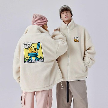 冬季羊羔絨夾克 情侶貼布繡高領外套