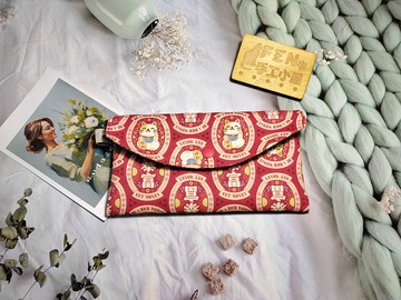 單層款布紅包袋-紅白暴富招財貓-手作布紅包袋-萬用收納包-收納包