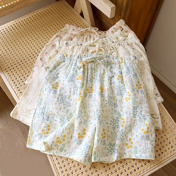 【現貨】夏季純棉短睡褲 100%全棉女生短褲縐布抽繩家居服短褲寬鬆薄款睡褲遛彎褲可外穿