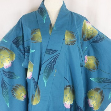 日本復古浴衣 女款 | 藍綠色花柄 | 夏日和服罩袍