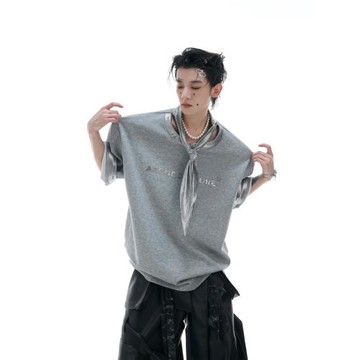 ArguE CulturE 夏季小眾閃銀領帶拼接設計短袖金屬印花簡約T恤潮