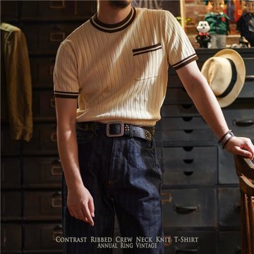 AnnualRing年輪洋服 美式復古針織短袖T恤純棉圓領休閑小領口袋夏