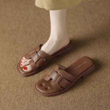 真皮絕美不累腳軟底拖鞋女2025新款夏季網紅外穿時尚超火平底涼拖