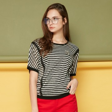 CLL巧玲瓏 橫條紋金蔥純棉短袖上衣 1133728