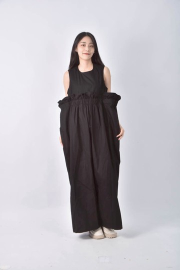 (4XL（含）以上) pff girl高腰荷花邊黑色連身裝