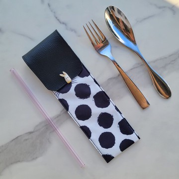 【可放22cm吸管】防水環保餐具袋 / 筆袋 親子餐具袋 黑貓與白兔