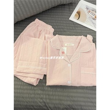 睡衣女春秋2023新款長袖甜美少女ins風梭織棉家居服格子兩件套裝