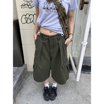 川川也美式水洗做舊工裝七分褲男女夏季原創可調節多口袋復古短褲